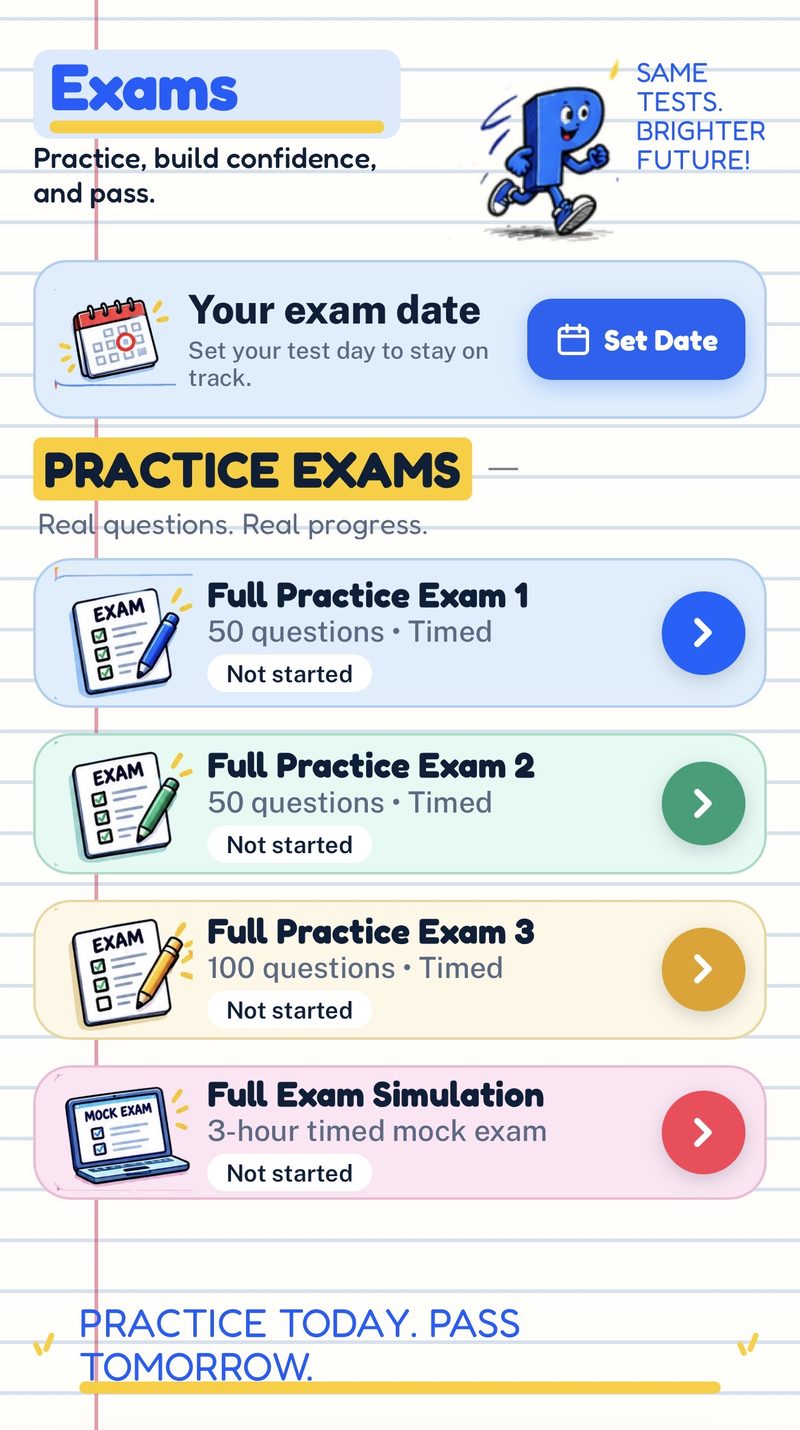 PYT app Exams screen: set your exam date, three full practice exams and a 3-hour full exam simulation