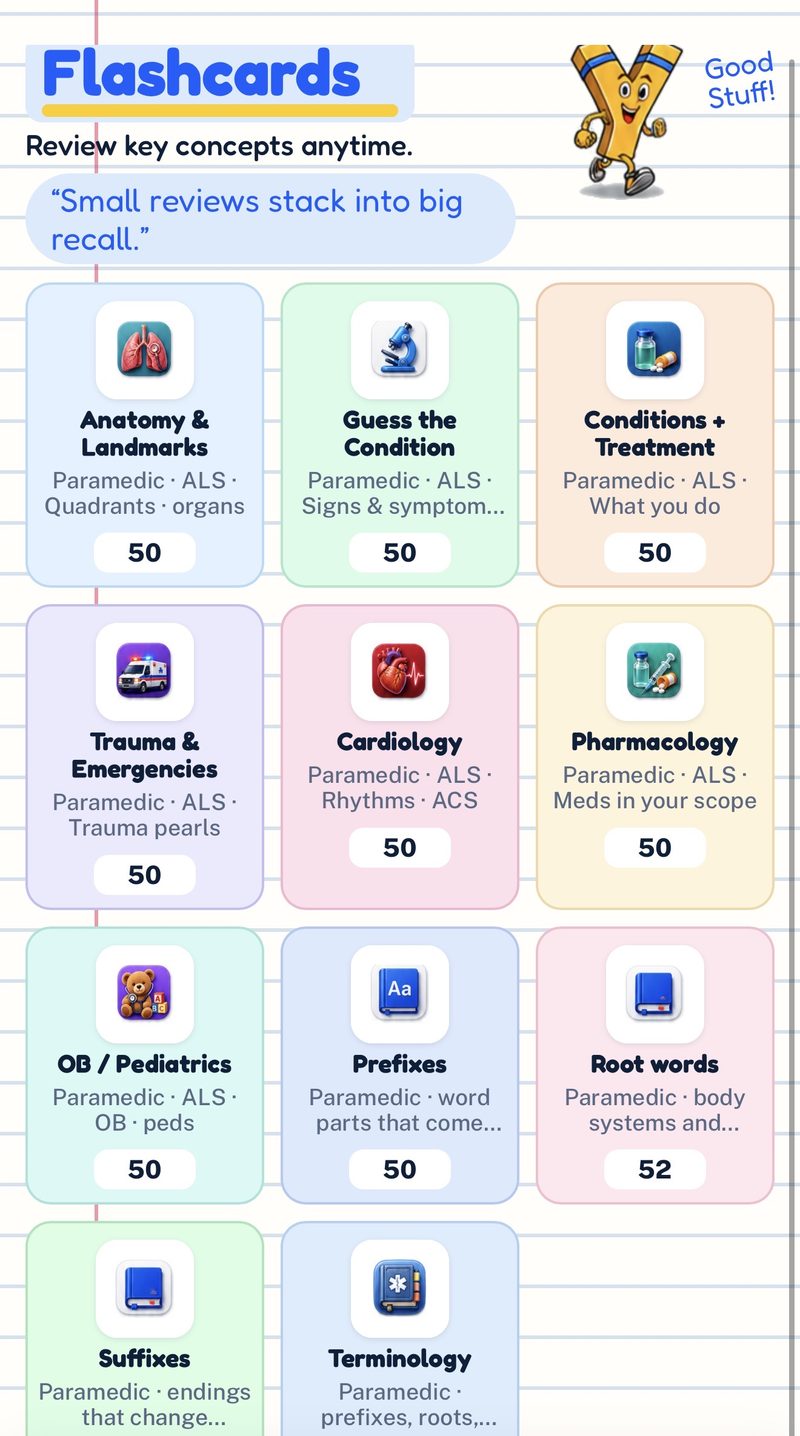 PYT app Flashcards screen with Paramedic decks such as Anatomy & Landmarks, Cardiology, Pharmacology and Trauma & Emergencies, 50 cards each