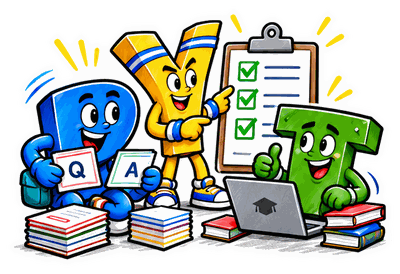 P with Q and A flashcards, Y pointing at a checklist, and T studying at a laptop